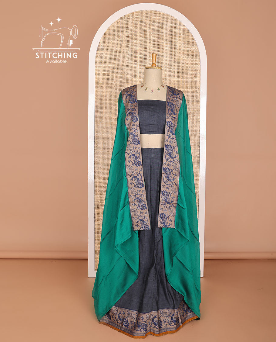 Dark grey cotton half saree with peacock design border, peacock, floral design blouse & floral, peacock design border dhavani