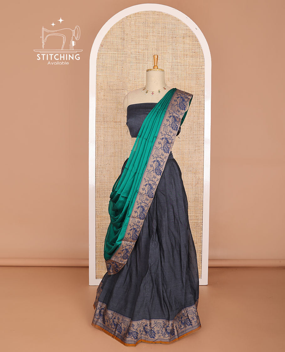 Dark grey cotton half saree with peacock design border, peacock, floral design blouse & floral, peacock design border dhavani