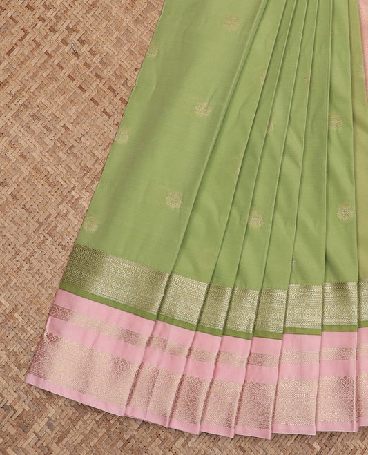 Green zari buttas and striped budget silk saree, contrast traditional zari border, and zari pallu