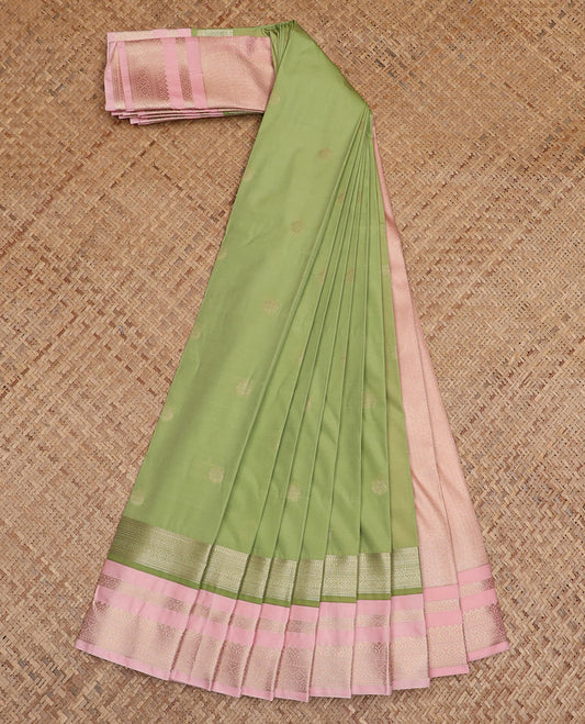 Green zari buttas and striped budget silk saree, contrast traditional zari border, and zari pallu