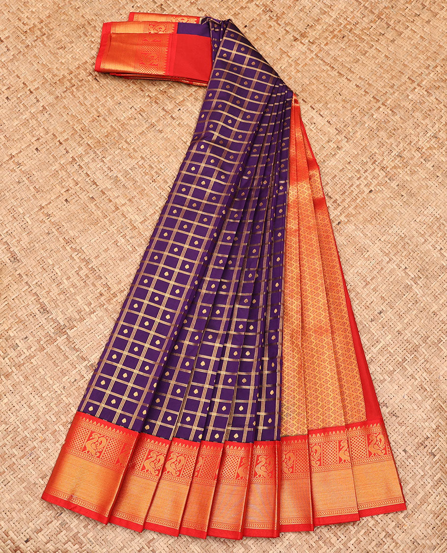 Purple Budget Silk Saree, Embellished with Zari Butta Enclosed Checked Design All Over Its Body, Complemented by a Contrast Traditional Zari Design Border, Grand Jaal Pallu, and Paired with a Contrast Blouse