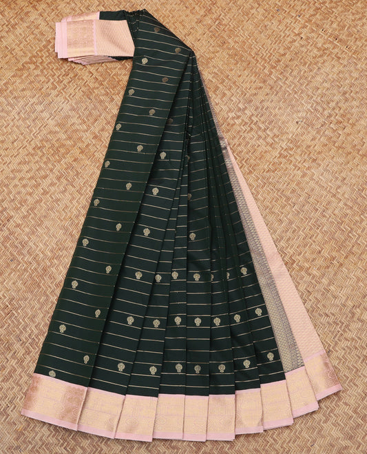 Green Budget Silk Saree, Enriched with Zari Buttas and Stripes, Complemented by a Contrast Traditional Border, Jaal Pallu, and a Contrast Blouse