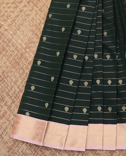 Green Budget Silk Saree, Enriched with Zari Buttas and Stripes, Complemented by a Contrast Traditional Border, Jaal Pallu, and a Contrast Blouse