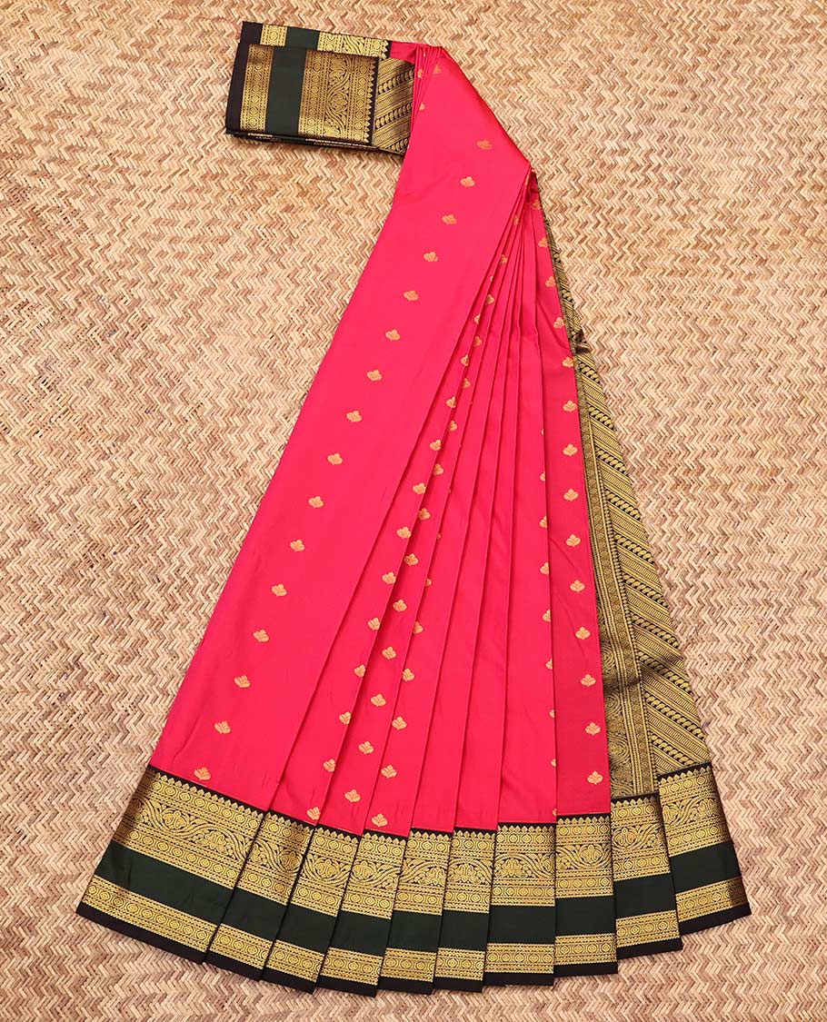Pink Budget Silk Saree, Woven with Zari Buttas, Complemented by a Contrast Traditional Zari Rettai Pettu Border, Grand Pallu, and a Contrast Blouse
