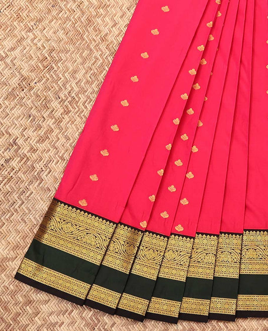 Pink Budget Silk Saree, Woven with Zari Buttas, Complemented by a Contrast Traditional Zari Rettai Pettu Border, Grand Pallu, and a Contrast Blouse
