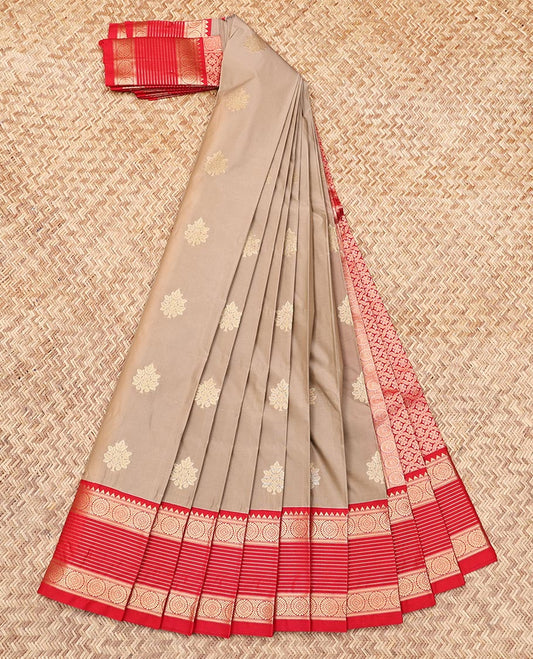 Grey Budget Silk Saree, Sparsely Threaded with Zari Buttas, Contrast Traditional Zari Border, Grand Pallu, and a Contrast Blouse
