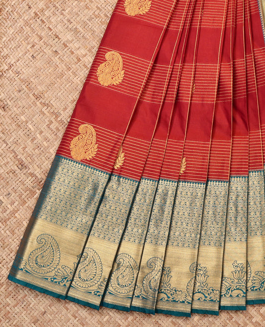 Rust Budget Silk Saree, Opulently Embellished with Zari Buttas and Stripes, Complemented by a Contrast Traditional Zari Border, Grand Pallu, and a Contrast Blouse