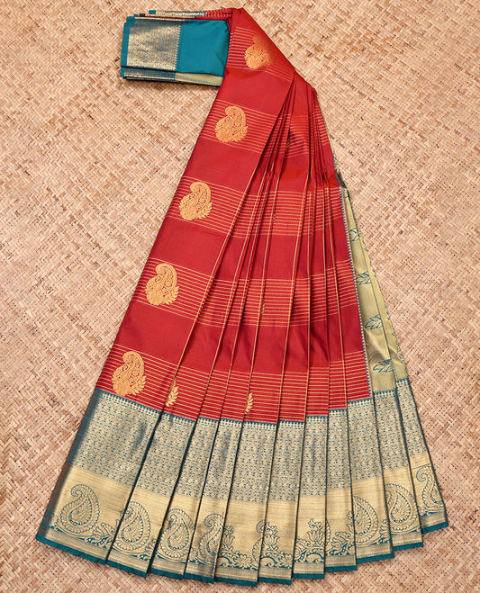 Rust Budget Silk Saree, Opulently Embellished with Zari Buttas and Stripes, Complemented by a Contrast Traditional Zari Border, Grand Pallu, and a Contrast Blouse
