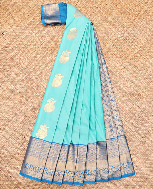 Blue Budget Silk Saree, Delicately Woven with Zari Buttas, Complemented by a Contrast Traditional Zari Border, Intricate Pallu, and a Contrast Blouse