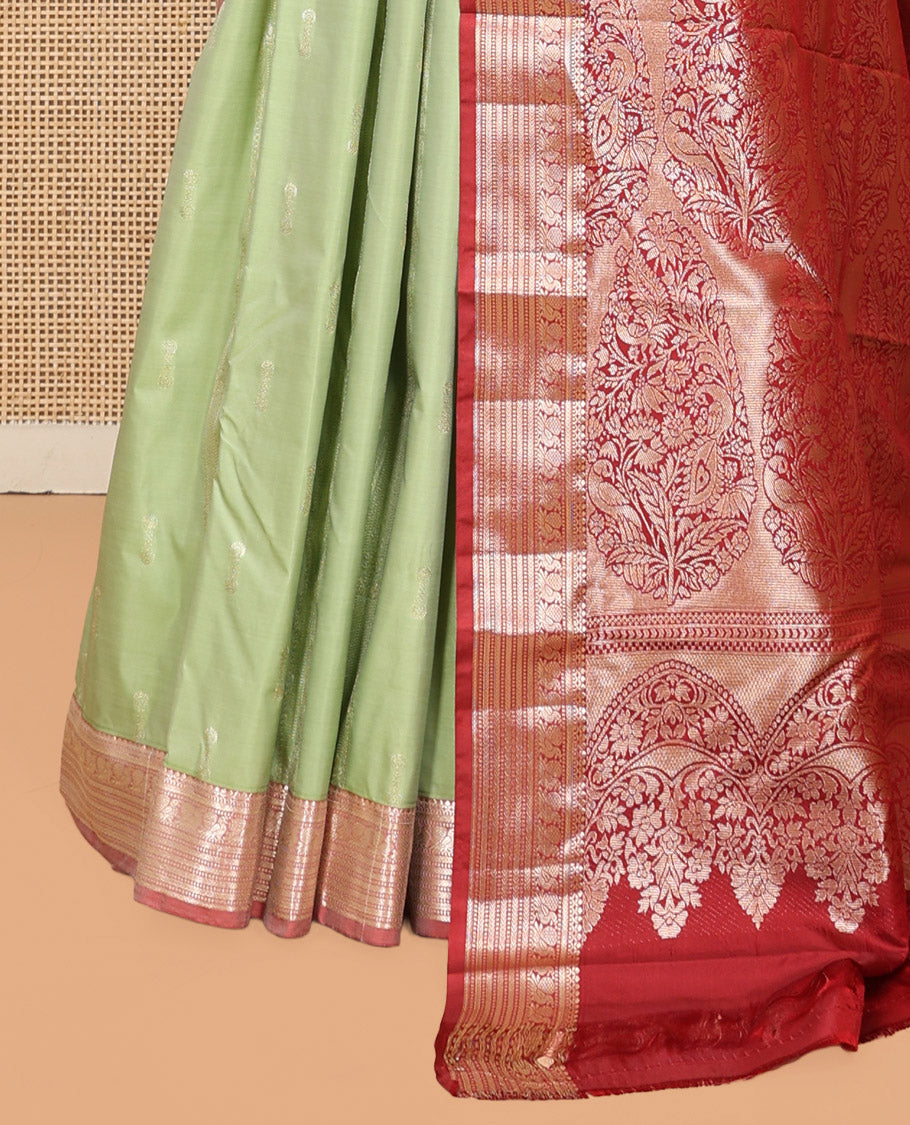 Elaichi Green Budget Silk Saree, Subtly Sparkled with Zari Buttas, Complemented by Contrast Traditional Zari Border, Grand Pallu, and Contrast Blouse