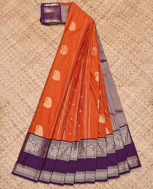 Rust Budget Silk Saree, Elevated with Zari Buttas and Stripes on Its Body, Complemented by a Contrast Traditional Zari Border of Gandaberunda Designs, Jaal Pallu, and Paired with a Contrast Blouse