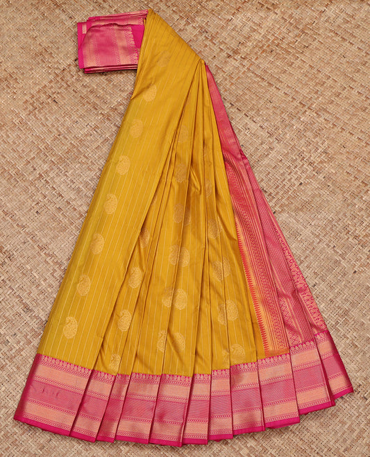 Mustard Budget Silk Saree, Accentuated with Paisley Buttas and Stripes All Over Its Body, Complemented by a Contrast Traditional Zari Border, Grand Pallu, and Paired with a Contrast Blouse