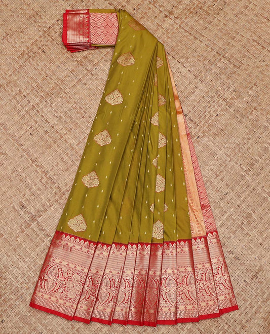 Green Budget Silk Saree, Prettified with Zari Buttas on Its Body, Complemented by a Contrast Traditional Zari Border, Grand Jaal Pallu, and Paired with a Contrast Blouse