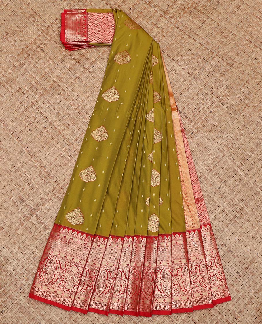 Green Budget Silk Saree, Prettified with Zari Buttas on Its Body, Complemented by a Contrast Traditional Zari Border, Grand Jaal Pallu, and Paired with a Contrast Blouse
