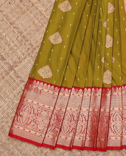 Green Budget Silk Saree, Prettified with Zari Buttas on Its Body, Complemented by a Contrast Traditional Zari Border, Grand Jaal Pallu, and Paired with a Contrast Blouse