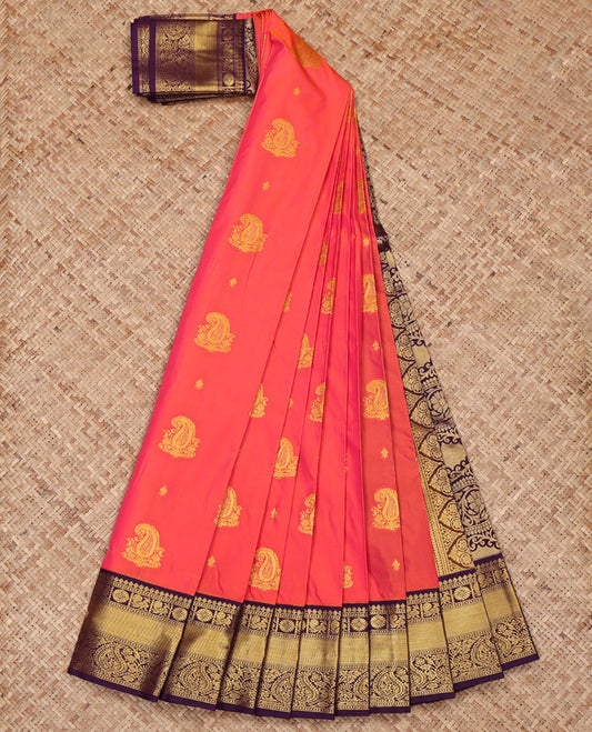 Pink and Orange Budget Silk Saree, Adorned with Zari Buttas on Its Body, Complemented by a Contrast Traditional Zari Design Border, Grand Pallu, and Paired with a Contrast Blouse