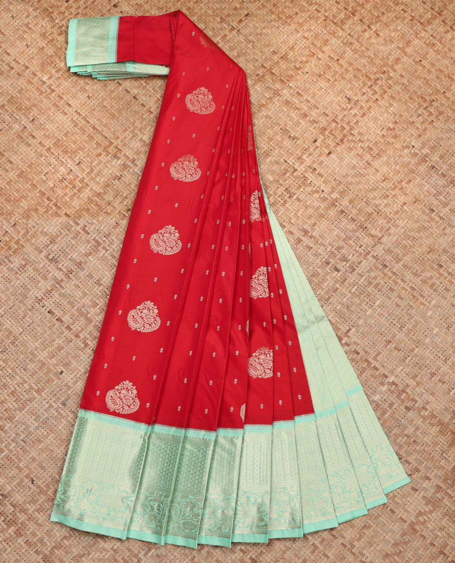 Red Budget Silk Saree, Woven with Zari Buttas, Complemented by a Contrast Traditional Zari Border, Pallu of Jaal and Paisley Designs, and a Contrast Blouse