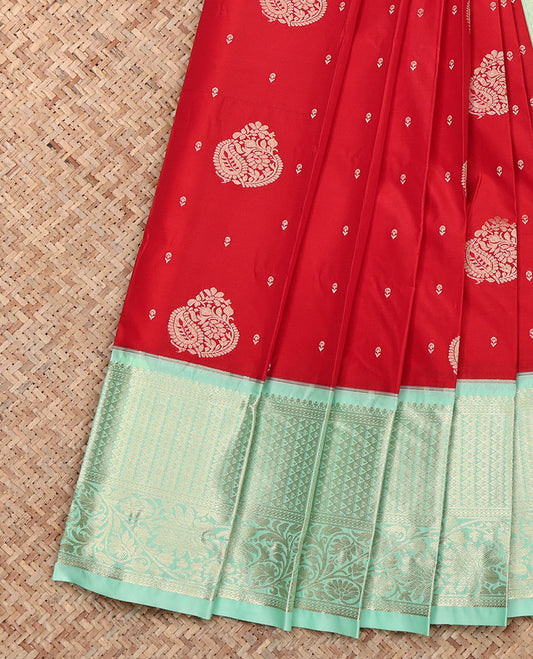 Red Budget Silk Saree, Woven with Zari Buttas, Complemented by a Contrast Traditional Zari Border, Pallu of Jaal and Paisley Designs, and a Contrast Blouse