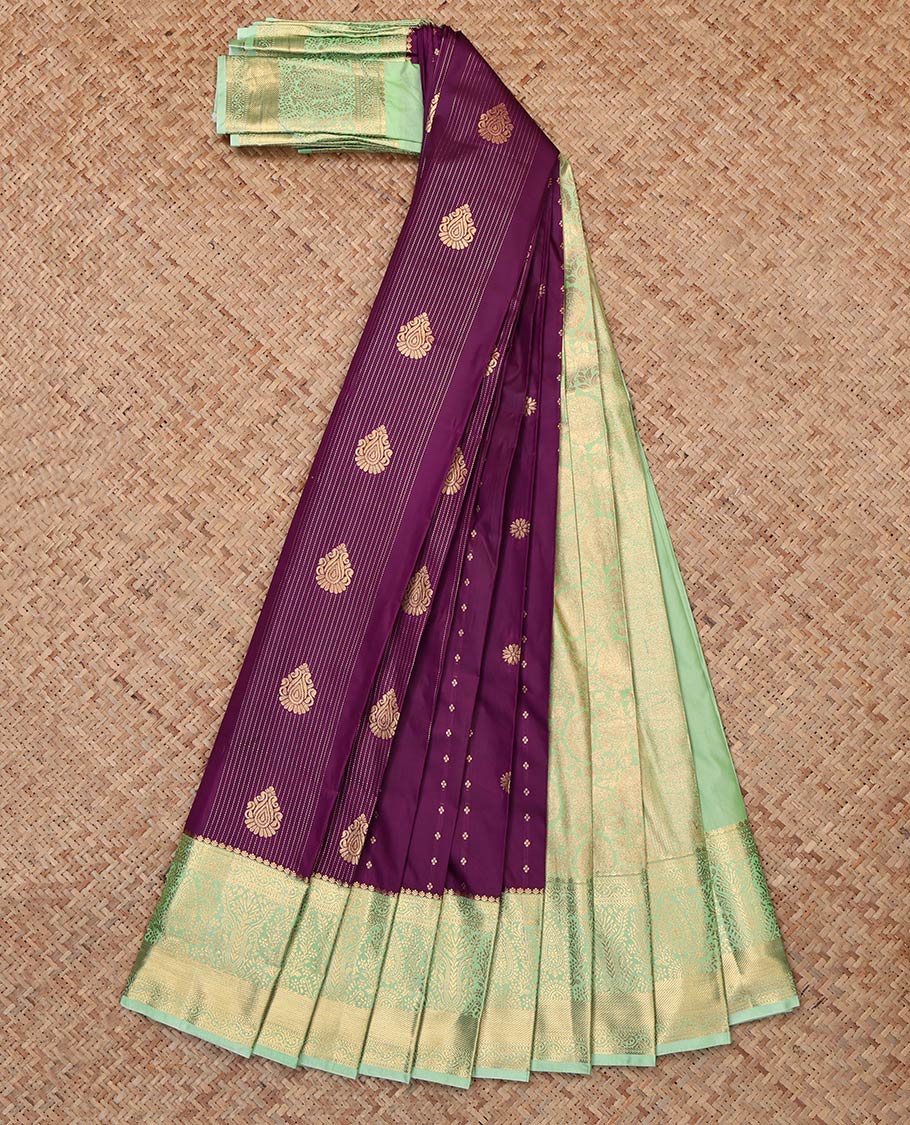 Wine Budget Silk Saree, Enriched with Zari Buttas and Stripes, Complemented by Contrast Traditional Zari Border, Grand Pallu and a Contrast Blouse