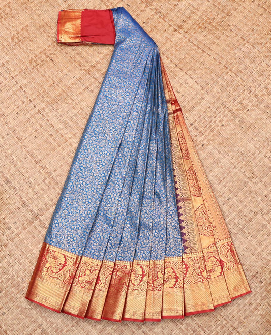 Blue Budget Silk Saree, Highlighted with Zari Buttas and Checks, Complemented by Contrast Traditional Zari Border, Intricate Pallu, and Contrast Blouse