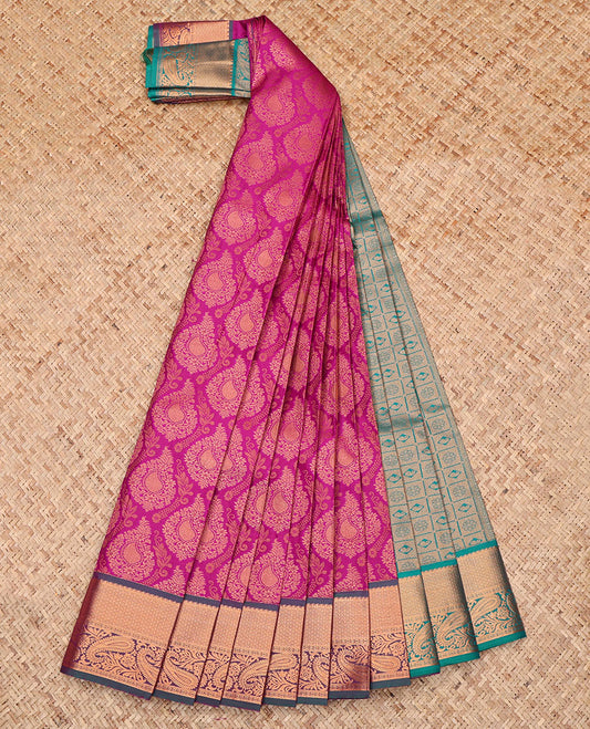 Pink Budget Silk Saree Features Jacquard Design, Complemented by a Contrast Traditional Zari Border, Grand Pallu, and Contrast Blouse