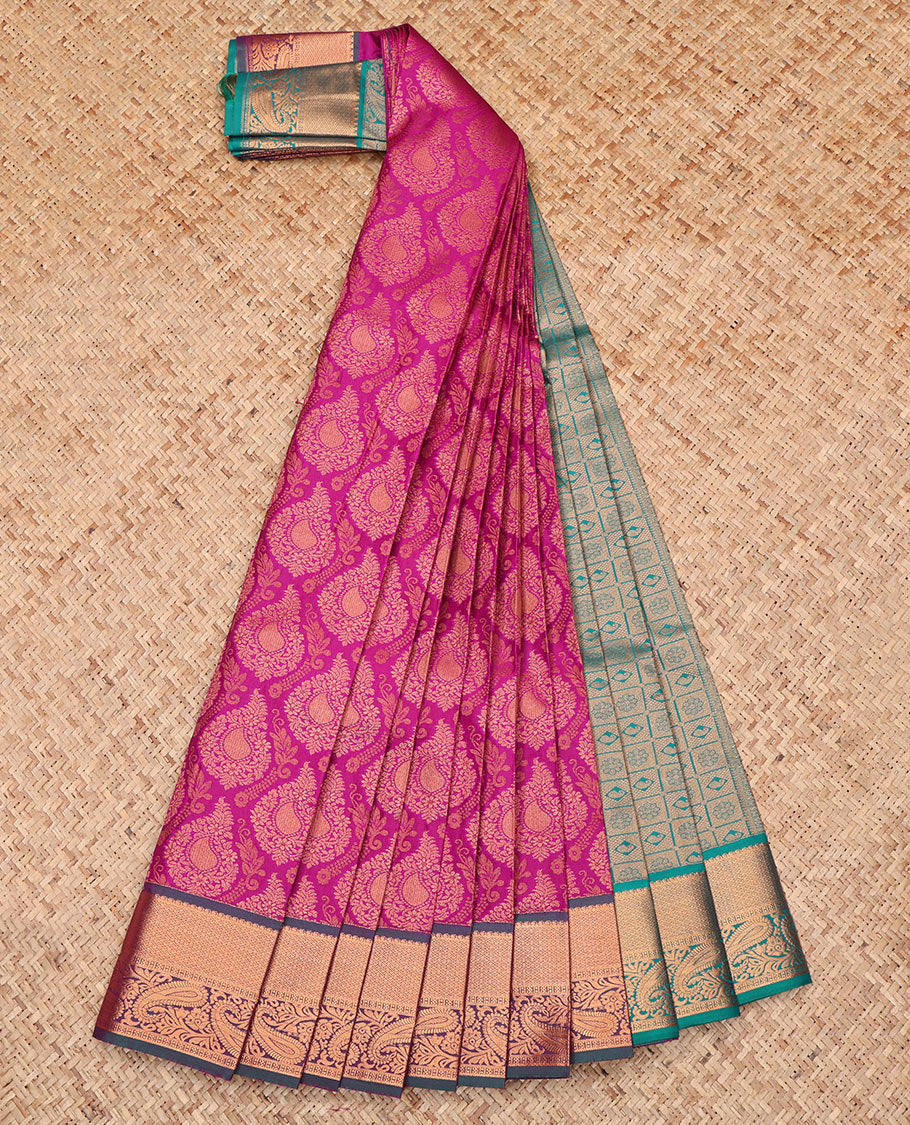 Pink Budget Silk Saree Features Jacquard Design, Complemented by a Contrast Traditional Zari Border, Grand Pallu, and Contrast Blouse