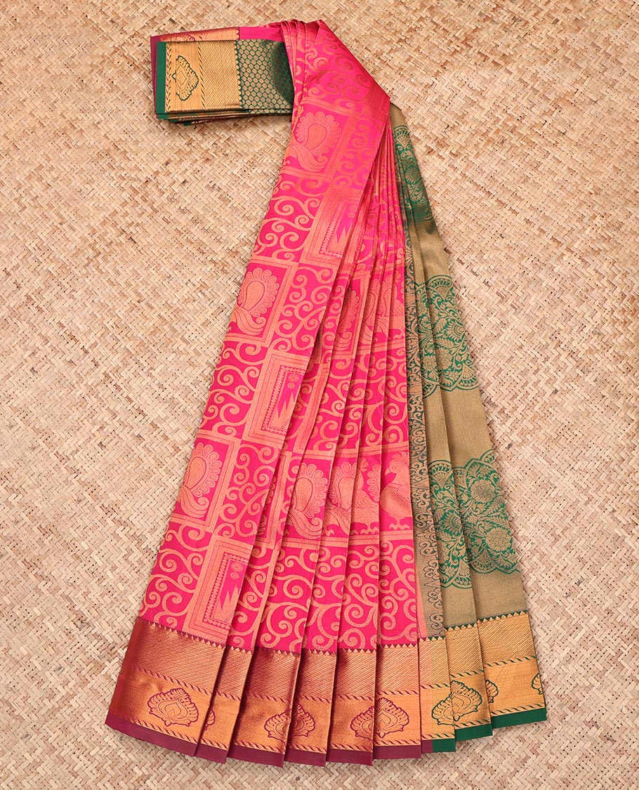 Pink Budget Silk Saree, Dazzled with Jacquard Design, Complemented by a Contrast Zari Border, Grand Pallu, and a Contrast Blouse