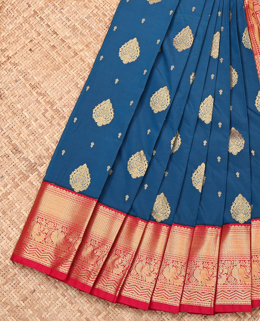 Blue Budget Silk Saree, Embellished with Zari Buttas, Complemented by Contrast Traditional Zari Border, Grand Pallu, and a Contrast Blouse