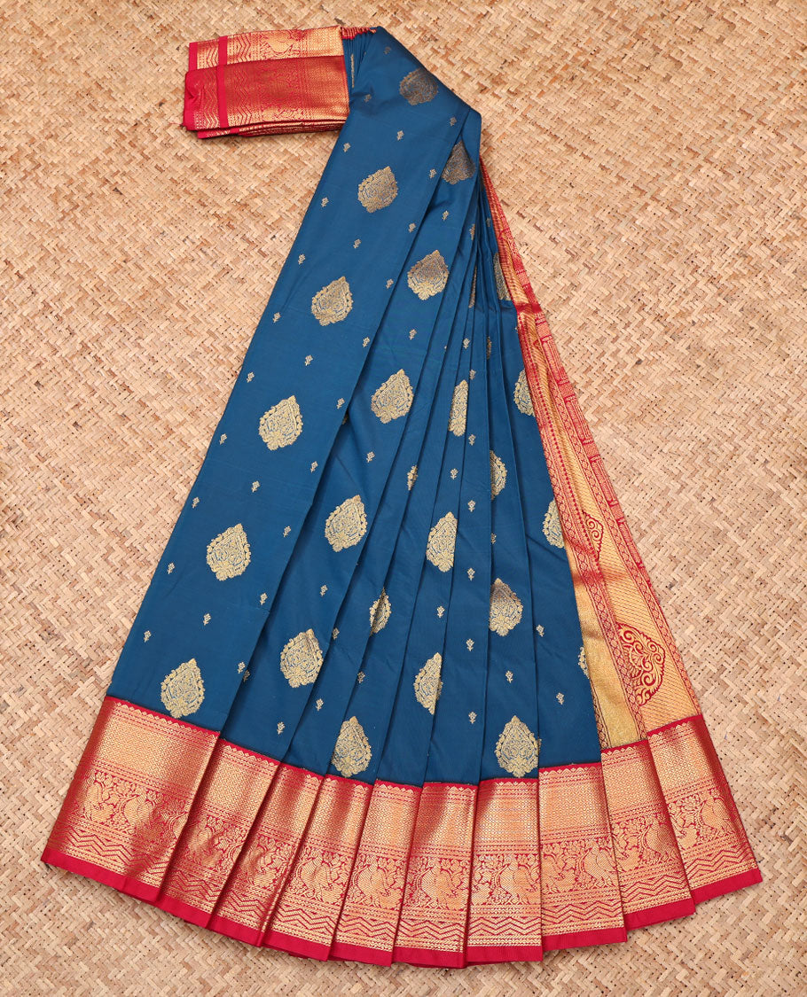 Blue Budget Silk Saree, Embellished with Zari Buttas, Complemented by Contrast Traditional Zari Border, Grand Pallu, and a Contrast Blouse