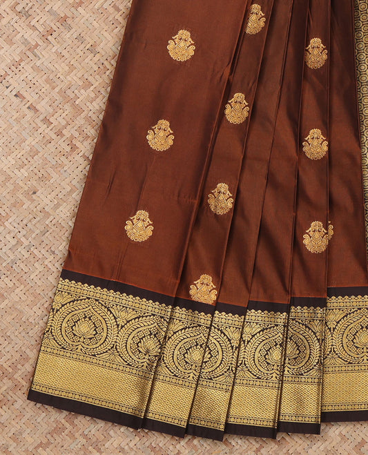 Brown Budget Silk Saree, Mesmerized with Zari Buttas, a Contrast Traditional Zari Border, a Grand Pallu and a Contrast Blouse
