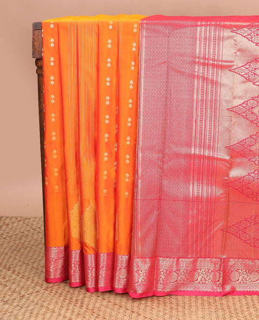 Orange striped, floral design gift saree with contrast zari design border & floral jaal design pallu