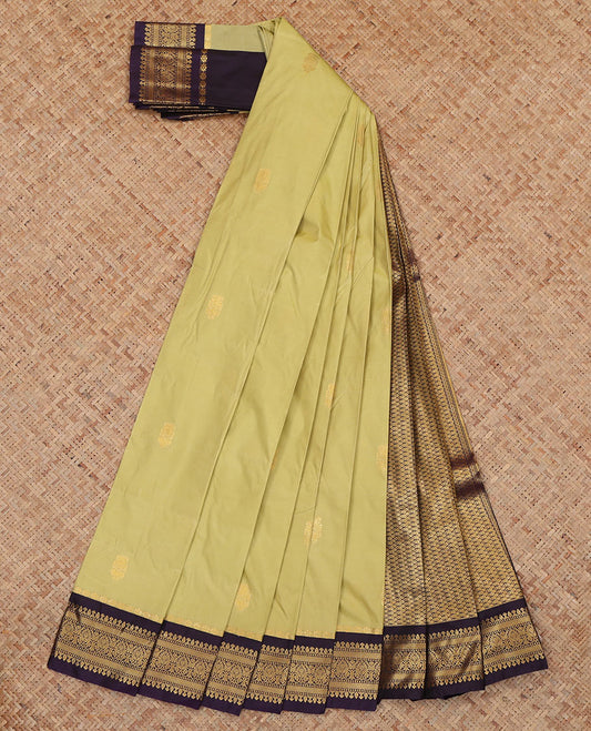 Green Budget Silk Saree, Delicately Woven Zari Buttas, Complemented by Contrast Traditional Zari Border, a Jaal Pallu and a Contrast Blouse