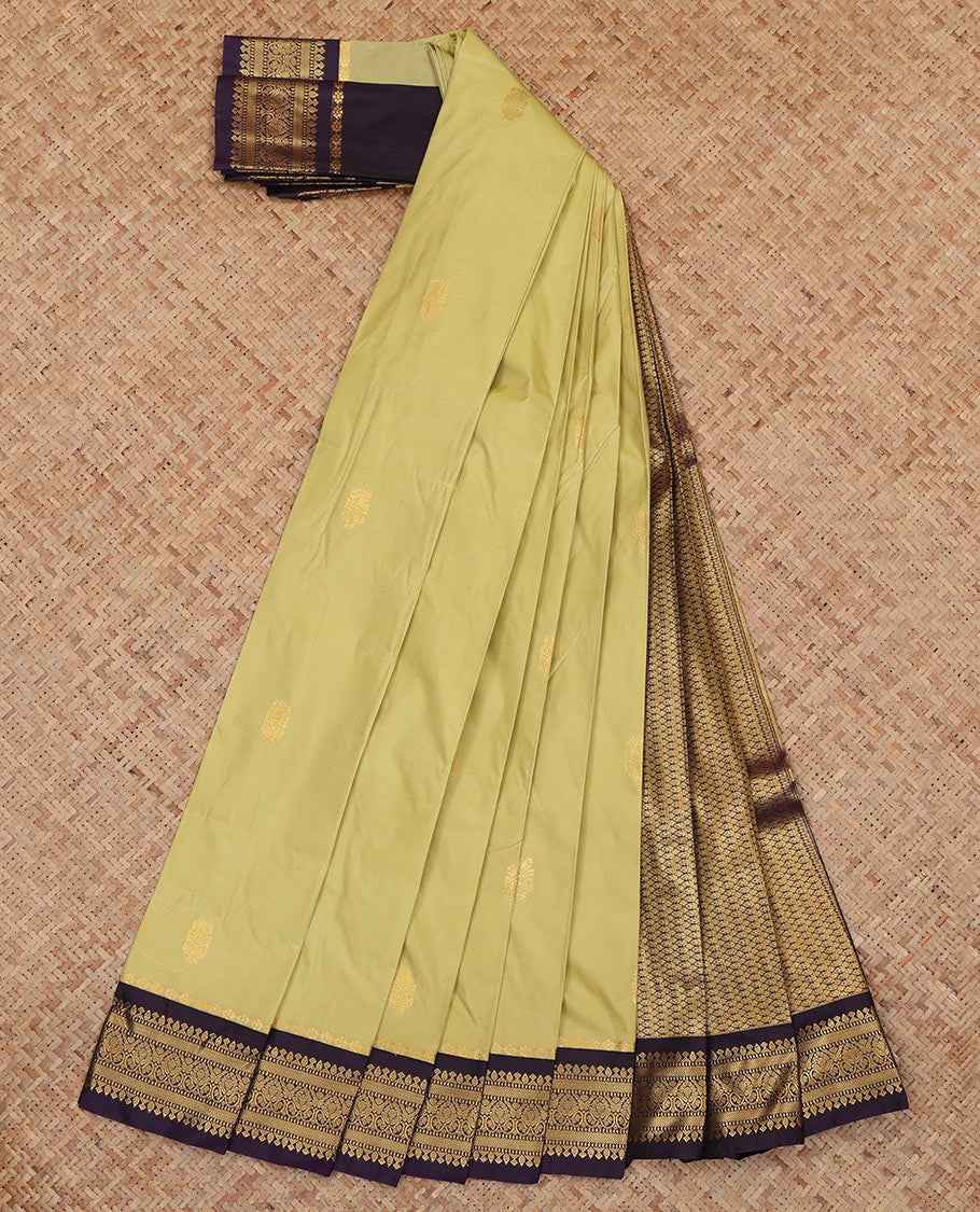 Green Budget Silk Saree, Delicately Woven Zari Buttas, Complemented by Contrast Traditional Zari Border, a Jaal Pallu and a Contrast Blouse
