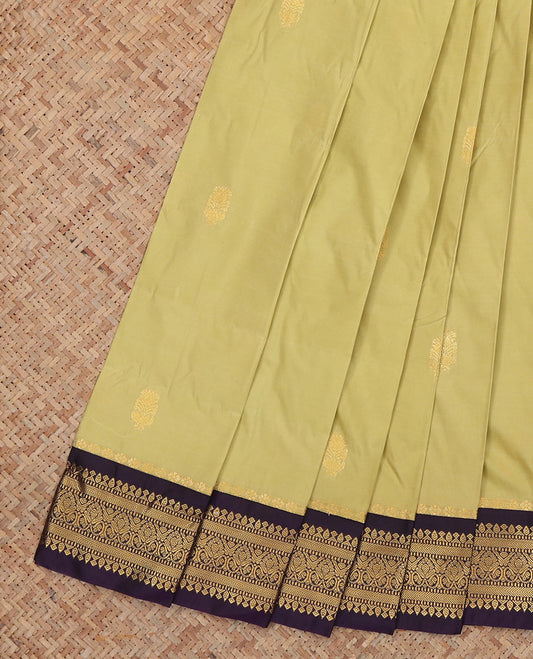 Green Budget Silk Saree, Delicately Woven Zari Buttas, Complemented by Contrast Traditional Zari Border, a Jaal Pallu and a Contrast Blouse