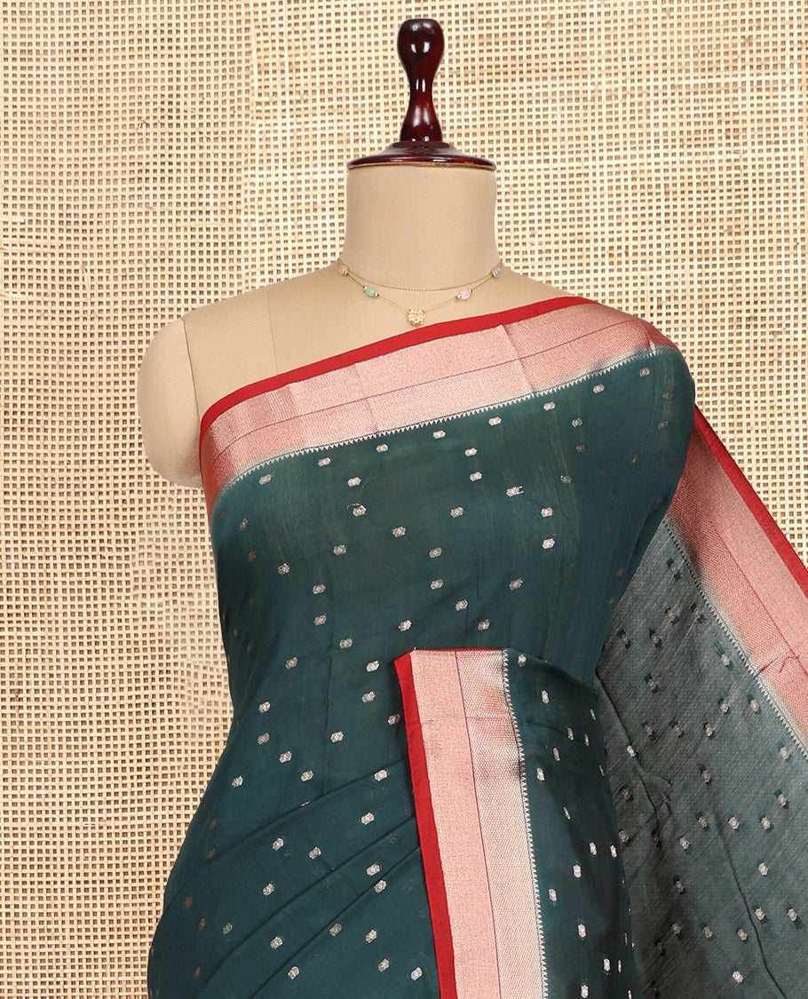 Green Assam Silk Saree, Spotlighted with Zari Buttas, Complemented by Contrast Traditional Zari Border,  Zari Woven Pallu, and Contrast Blouse