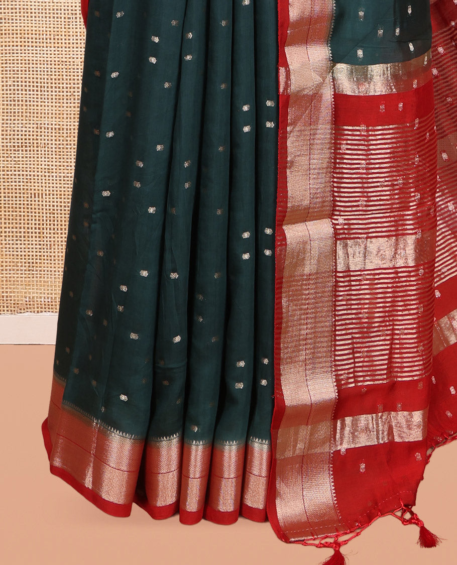 Green Assam Silk Saree, Spotlighted with Zari Buttas, Complemented by Contrast Traditional Zari Border,  Zari Woven Pallu, and Contrast Blouse