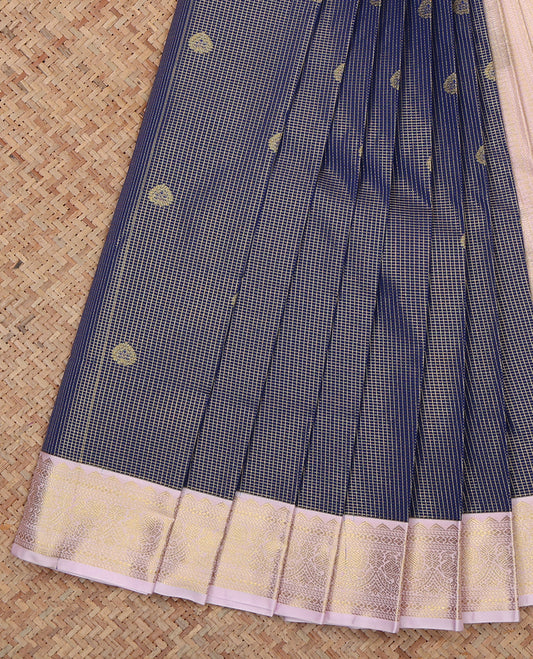 Blue Budget Silk Saree, Masterfully Woven with Zari Buttas and Checks, a Contrast Traditional Zari Border, Geometric Pallu, and a Contrast Blouse