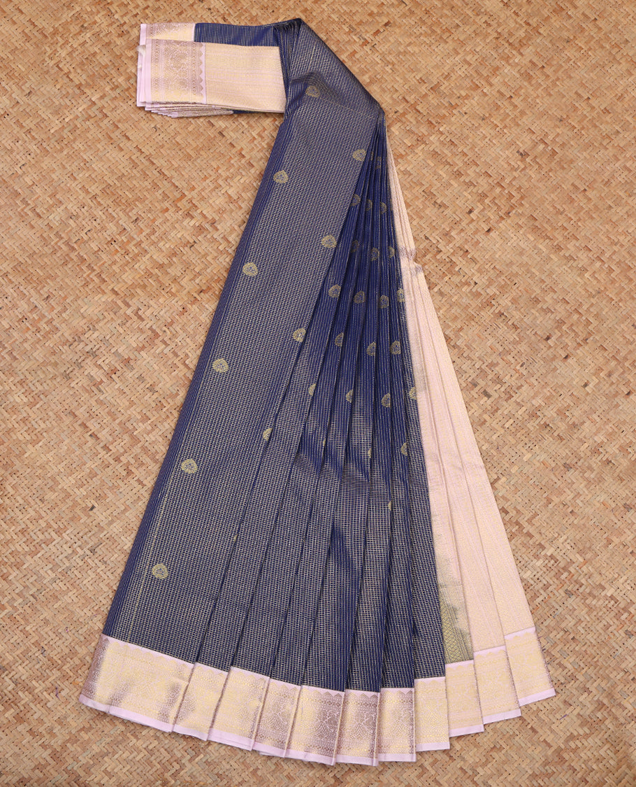 Blue Budget Silk Saree, Masterfully Woven with Zari Buttas and Checks, a Contrast Traditional Zari Border, Geometric Pallu, and a Contrast Blouse
