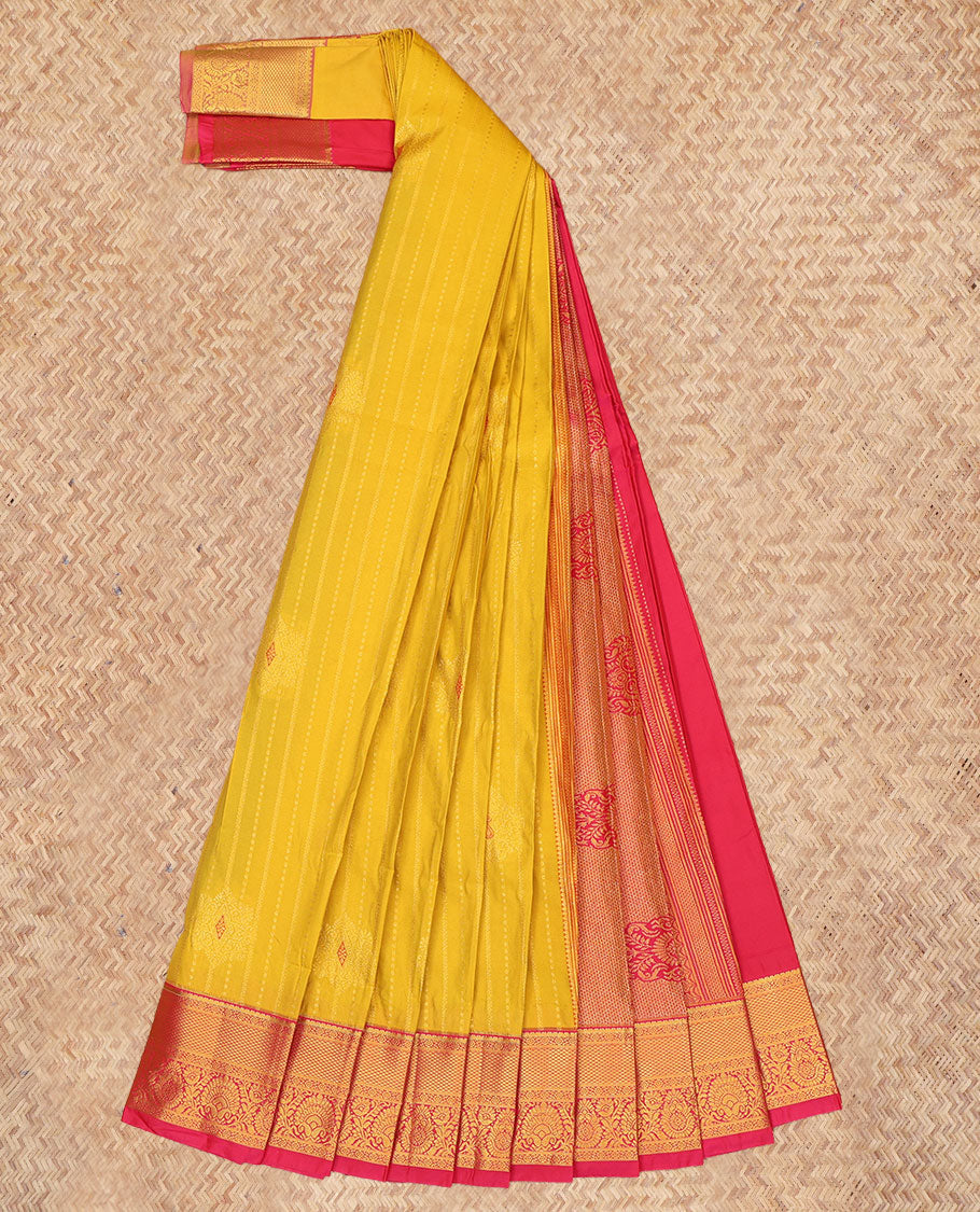 Yellow Budget Silk Saree, Graced with Zari Buttas and Stripes, a Contrast Traditional Zari Border, Grand Jaal Pallu, and a Contrast Blouse