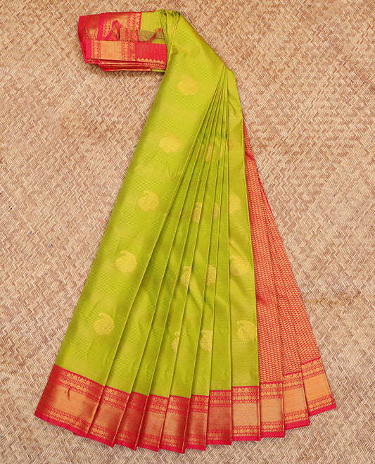 Green Budget Silk Saree, Sparsely Woven with Zari Buttas and Stripes, a Contrast Traditional Zari Border, Grand Pallu, and a Contrast Blouse