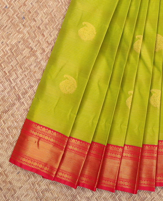 Green Budget Silk Saree, Sparsely Woven with Zari Buttas and Stripes, a Contrast Traditional Zari Border, Grand Pallu, and a Contrast Blouse