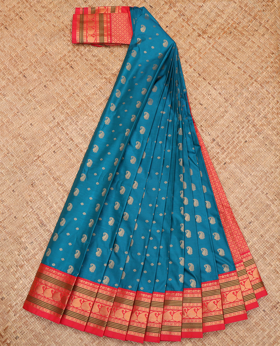 Blue Budget Silk Saree, Woven with Paisley Buttas, a Contrast Traditional Zari Border, Grand Pallu, and a Contrast Blouse