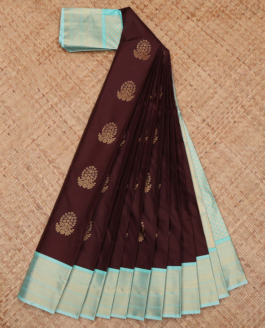 Brown Budget Silk Saree, Beautifully Bedecked with Zari Buttas, a Contrast Traditional Zari Border, Intricate Pallu, and a Contrast Blouse