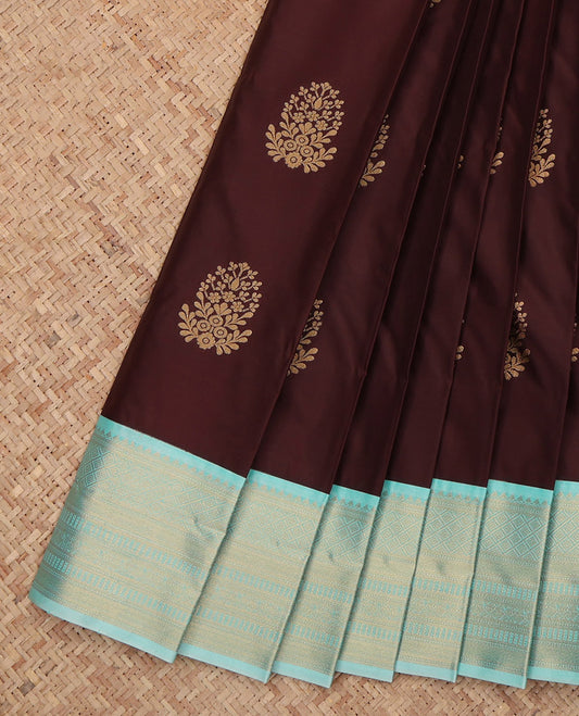 Brown Budget Silk Saree, Beautifully Bedecked with Zari Buttas, a Contrast Traditional Zari Border, Intricate Pallu, and a Contrast Blouse
