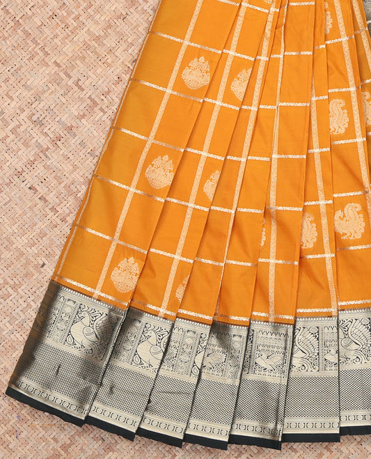 Orange Zari Butta and Checks Budget Silk Saree