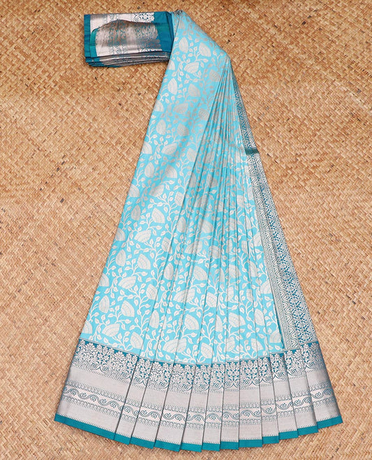 Blue floral jaal jacquard gift saree, contrast traditional zari border, and jaal pallu