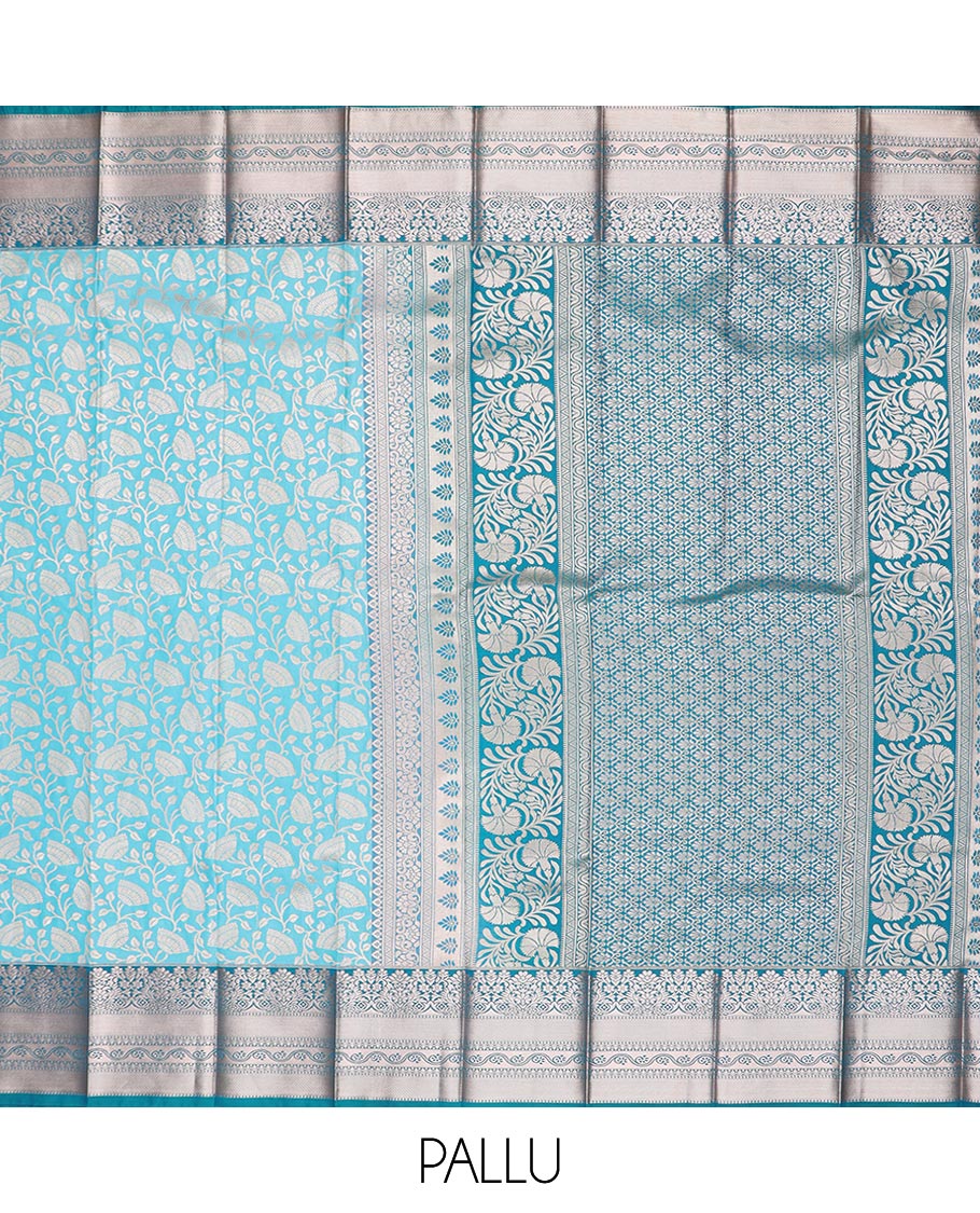 Blue floral jaal jacquard gift saree, contrast traditional zari border, and jaal pallu