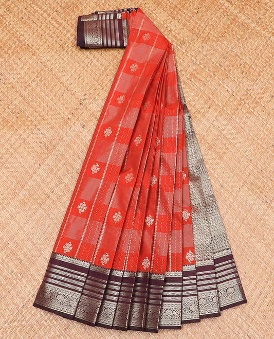 Orange zari design budget silk saree, contrast traditional zari design border, and intricate pallu