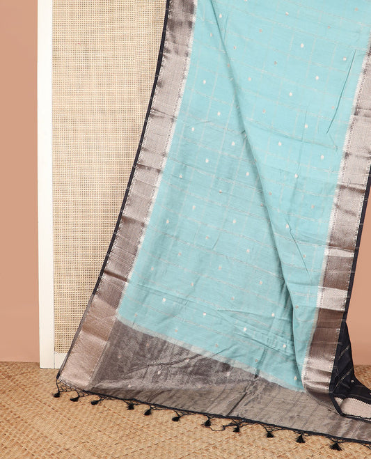 Pale blue buttas enclosed checked assam silk saree, contrast traditional zari border, and pallu of zari design