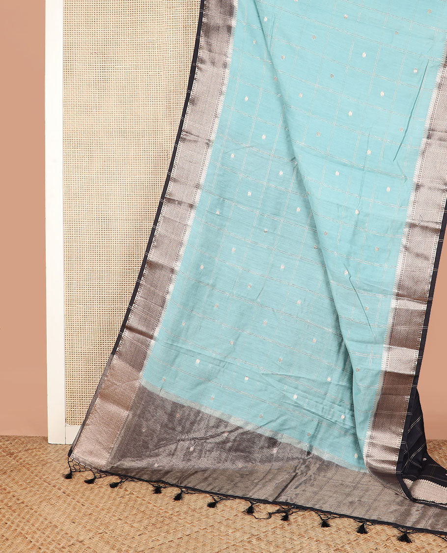 Pale blue buttas enclosed checked assam silk saree, contrast traditional zari border, and pallu of zari design